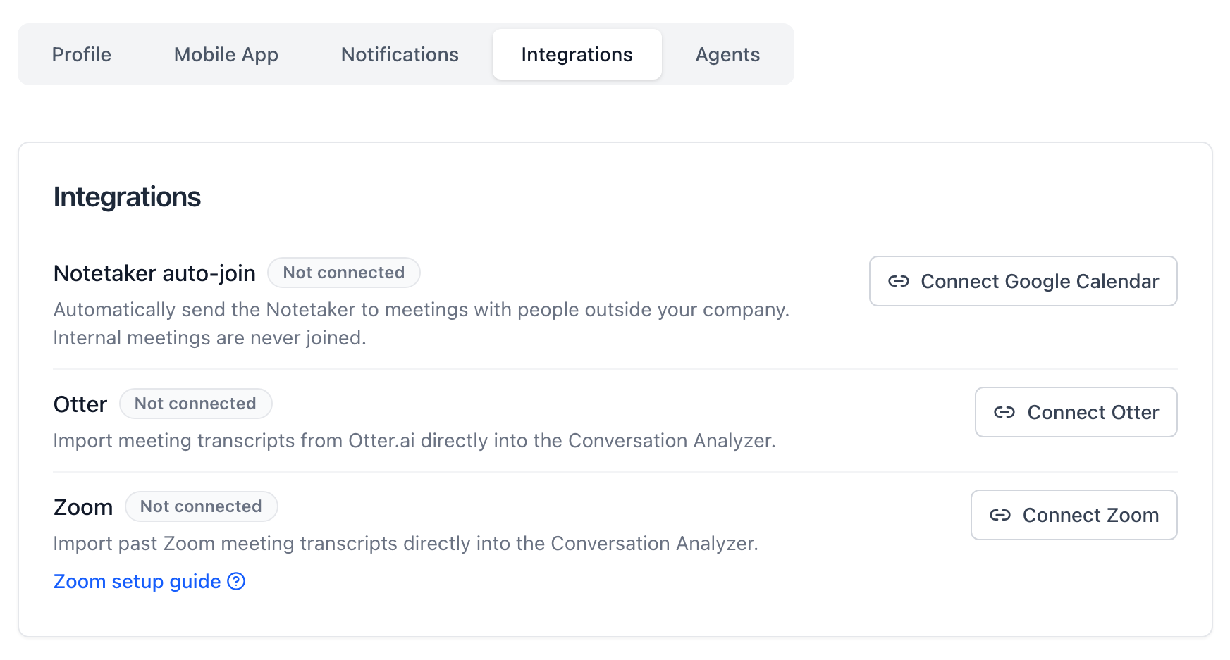 Salesably Account Settings showing the Integrations tab with Notetaker auto-join, Otter and Zoom connections
