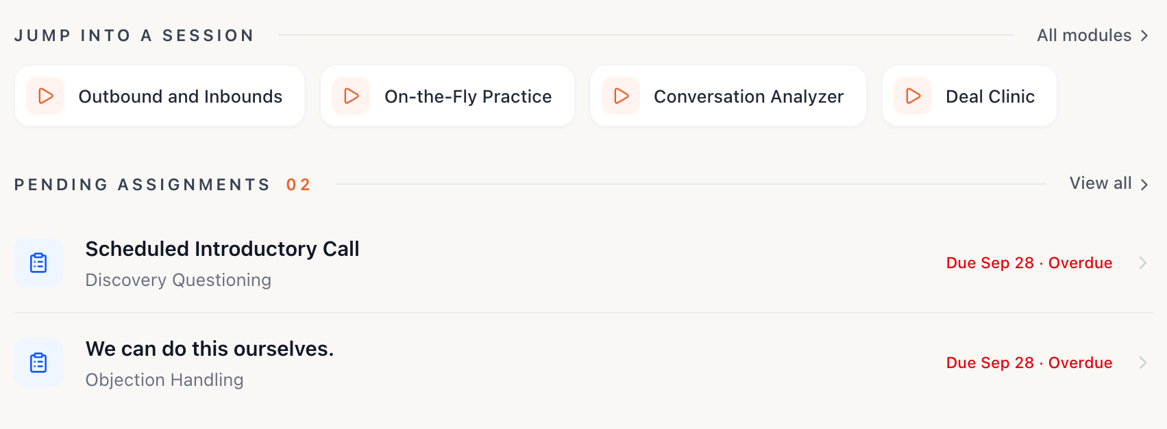 Rep home screen showing clickable practice module cards above a Pending Assignments list with due dates and a View all link