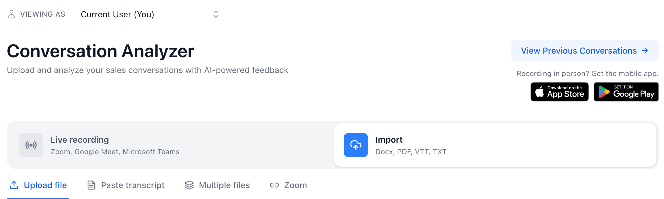 Conversation Analyzer with Live recording for Zoom, Google Meet and Microsoft Teams, an Import option for Docx, PDF, VTT and TXT, App Store and Google Play links for the Salesably Recorder, and upload tabs