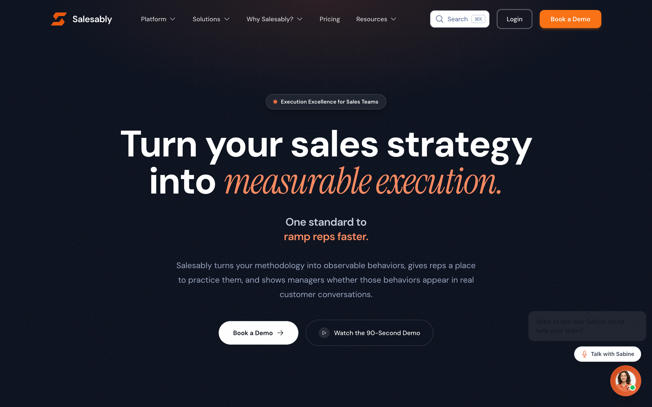 The Salesably homepage with the headline Turn your sales strategy into measurable execution and buttons to book a demo or watch the 90 second demo