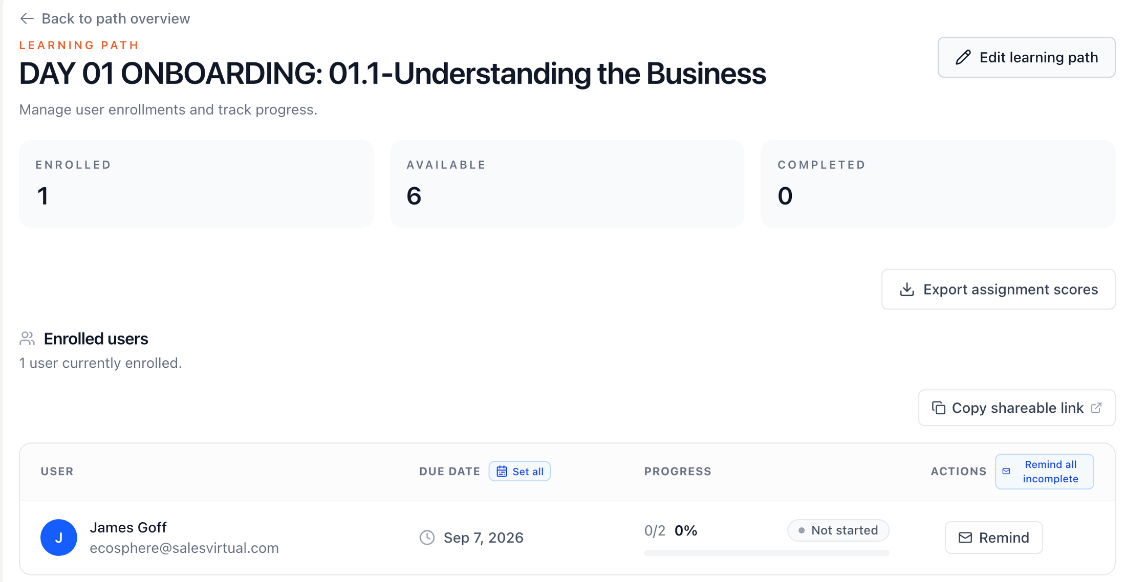 Learning Path enrollment page with Export assignment scores, Copy shareable link, Remind all incomplete and a per-member Remind button