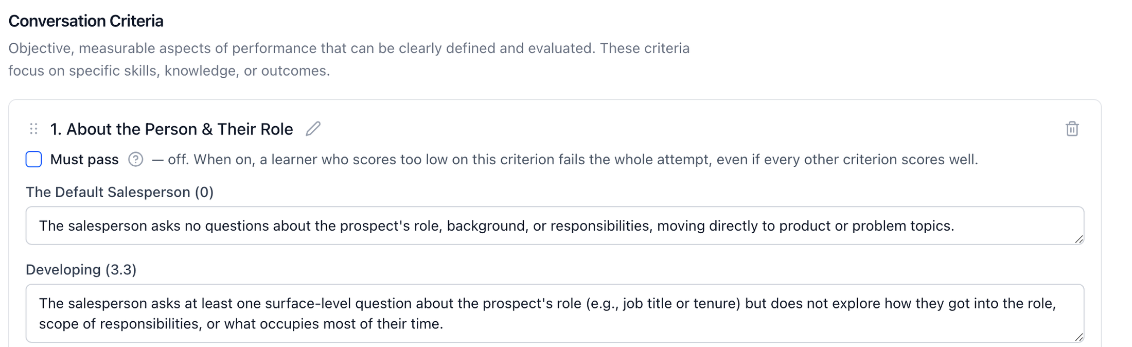 Salesably standard editor showing a discovery criterion with the Must pass checkbox and its explanation above the scoring levels