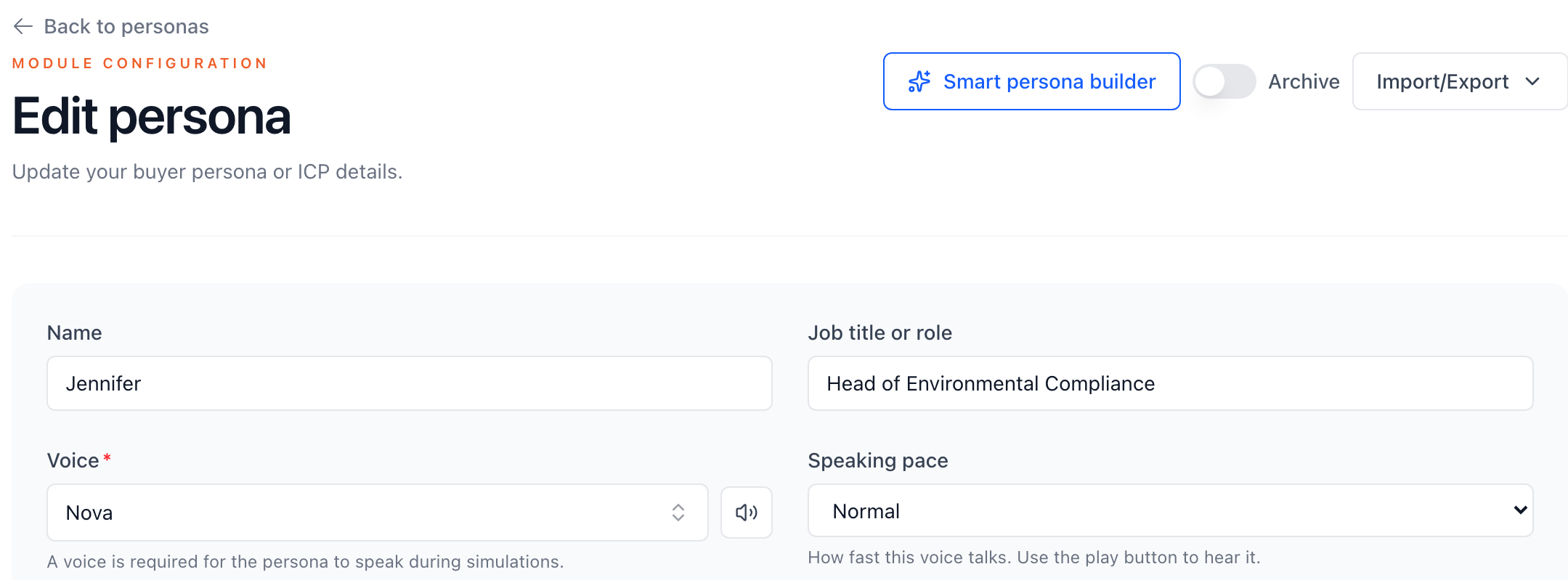 Salesably Edit persona screen showing Name, Job title, Voice and the new Speaking pace setting