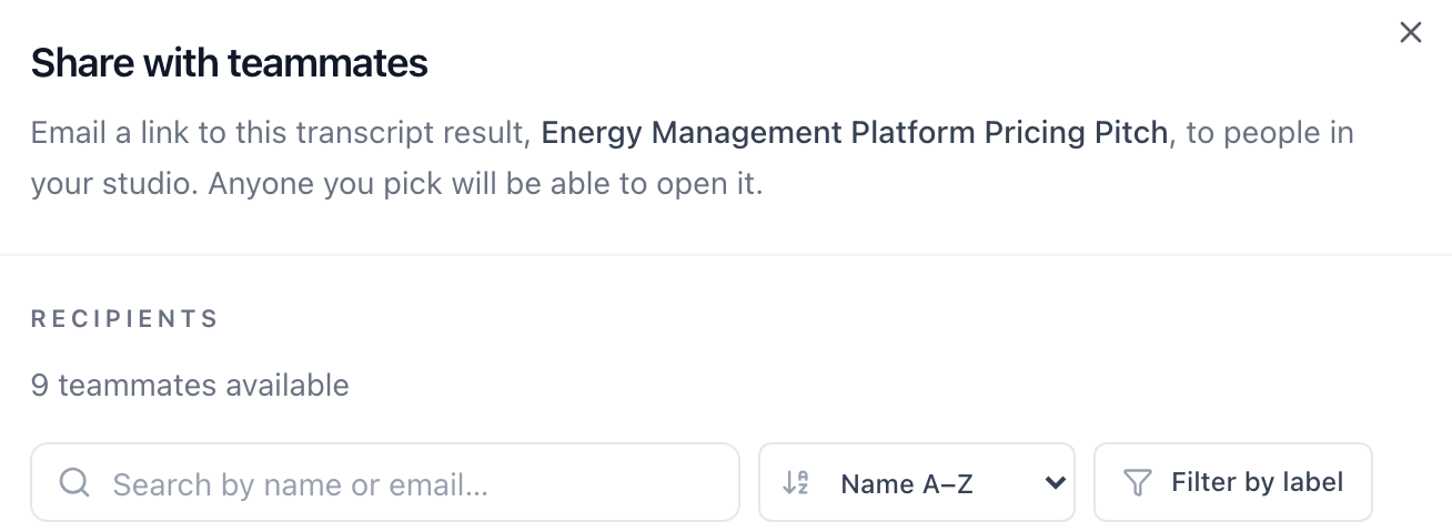 Share with teammates dialog for a Conversation Analyzer result, with a recipient search and label filter